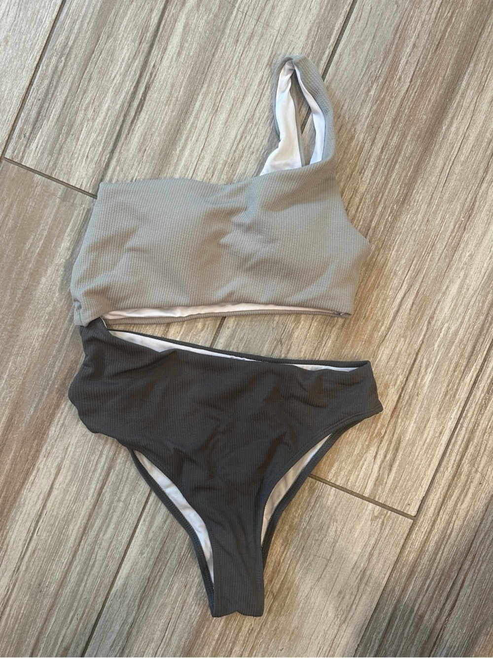 Asymmetric Two-Piece Women's Swim Set in Light Gray and Charcoal